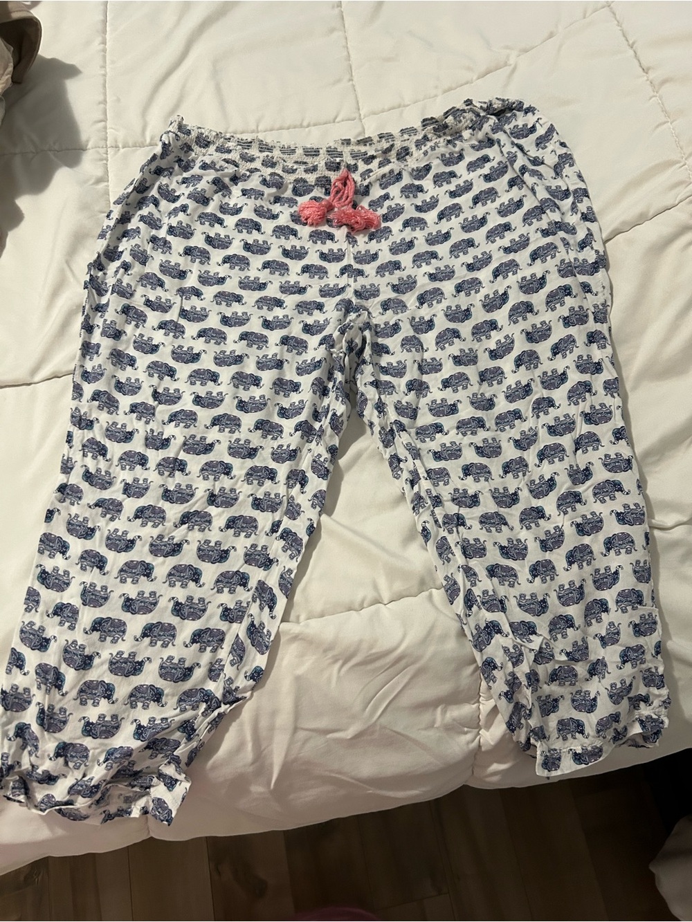 La Vie En Rose White Pajama Pants with Blue Elephant Print and Pink Tie